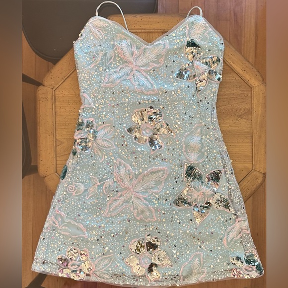 Get Up and Glow Light Blue Sequin Embroidered Mini Dress - Picture 5 of 7